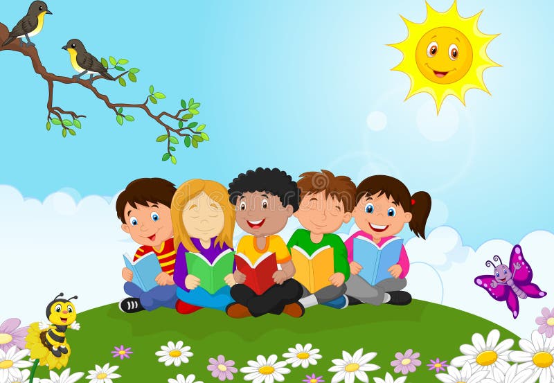 Historieta feliz de los niños que se sienta en la hierba mientras que libros de lectura libre illustration