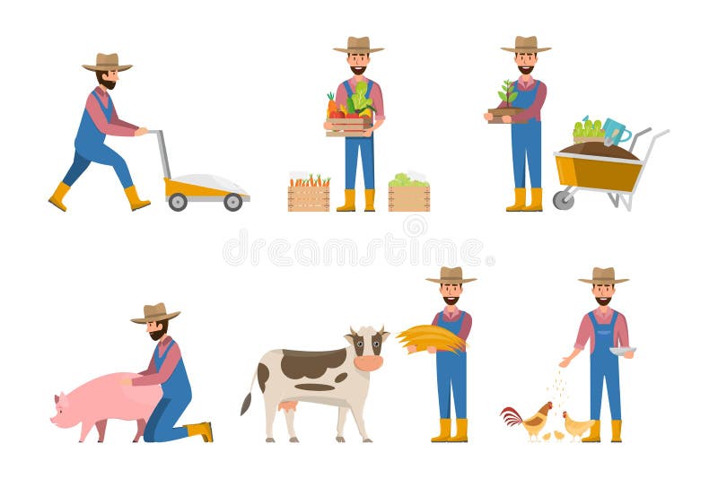 historieta feliz del granjero en muchos caracteres fijados ilustración del vector historieta feliz del granjero en muchos caracteres fijados ilustración del vector