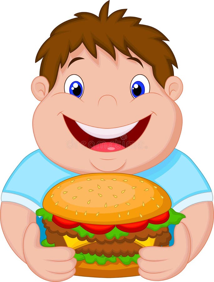 Historieta gorda del muchacho que sonríe y preparada una hamburguesa grande stock de ilustración Historieta gorda del muchacho que sonríe y preparada una hamburguesa grande stock de ilustración
