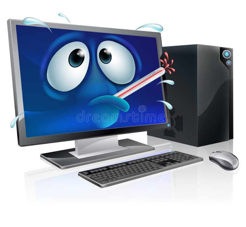 Broken cartoon desktop computer, cartoon of a poorly computer with a bursting thermometer in its mouth. Could be a broken computer or one that has a virus or other malware. Broken cartoon desktop computer, cartoon of a poorly computer with a bursting thermometer in its mouth. Could be a broken computer or one that has a virus or other malware