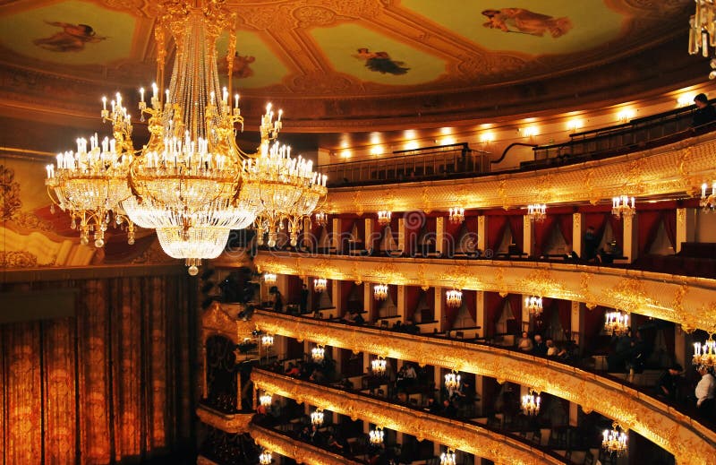 Bolshoi Theater in Moscow, historic building interior. The audotiruim and curtain. Bolshoi Theater in Moscow, historic building interior. The audotiruim and curtain.