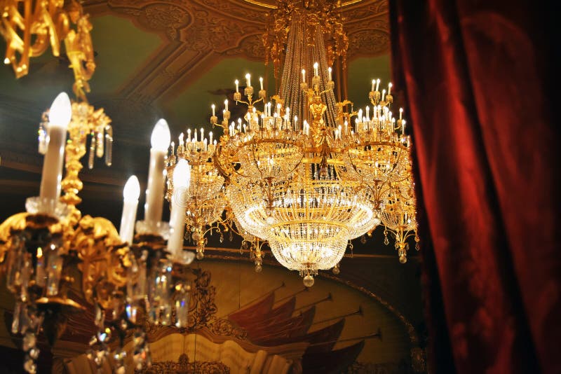 Bolshoi Theater in Moscow, historic building interior. View of the chandelier and ceiling of the auditorium. Bolshoi Theater in Moscow, historic building interior. View of the chandelier and ceiling of the auditorium.