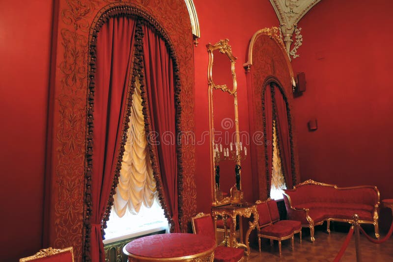 Furniture, red walls. Bolshoi theater historical building interior, the hall. Famous landmark. Color photo. Furniture, red walls. Bolshoi theater historical building interior, the hall. Famous landmark. Color photo.