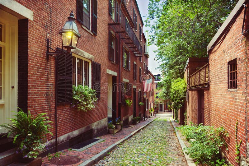Historische Eikelstraat in Beacon Hill, Boston; Massa , de V stock foto Historische Eikelstraat in Beacon Hill, Boston; Massa , de V stock foto
