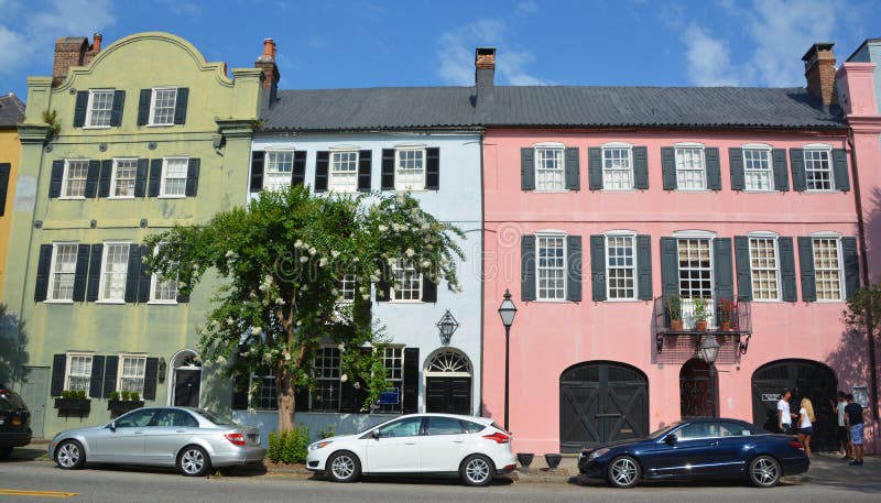 CHARLESTON SOUTH CAROLINA USA JUNE 27 2016: Historic houses along Battery st excellent example of 18th-century Georgian townhouse construction in Charleston, South Carolina. CHARLESTON SOUTH CAROLINA USA JUNE 27 2016: Historic houses along Battery st excellent example of 18th-century Georgian townhouse construction in Charleston, South Carolina