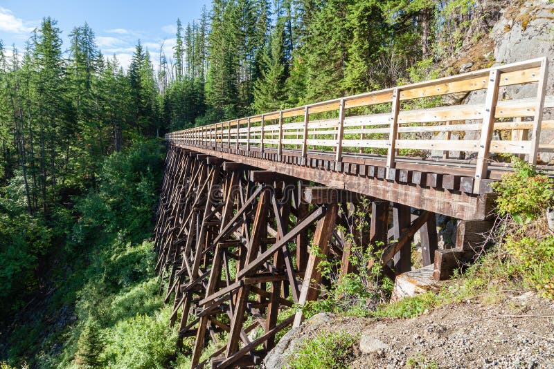 Originally one of 19 wooden railway trestles built in the early 1900s in Myra Canyon, BC, the place is now a public park with biking and hiking trails. Originally one of 19 wooden railway trestles built in the early 1900s in Myra Canyon, BC, the place is now a public park with biking and hiking trails.