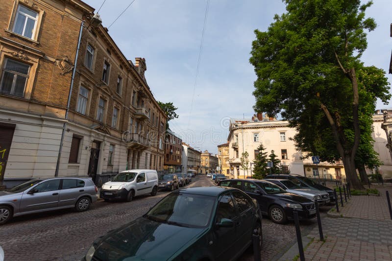 Historiska byggnader ligger på en kullstolpgata i Lviv Ukraina med parkerade bilar och lush-träd royaltyfri foto