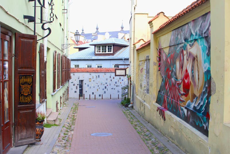 Historiska byggnader och gatakonst i den Literatu gatan, Vilnius, Litauen arkivfoton