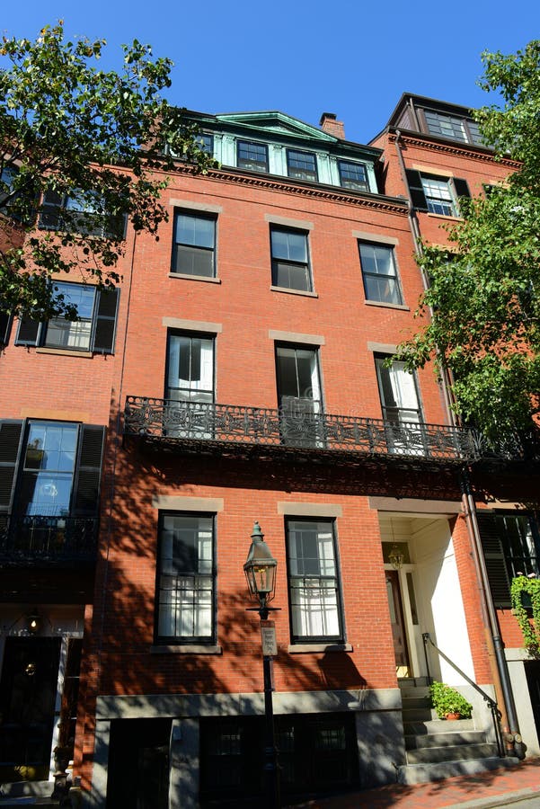 Historiska byggnader på Beacon Hill, Boston, USA arkivbild