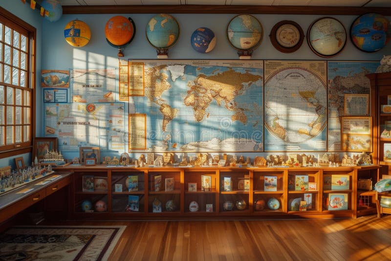 A history classroom with world maps. Easter-themed historical dioramas and timeline of spring festivals. royalty free stock photography