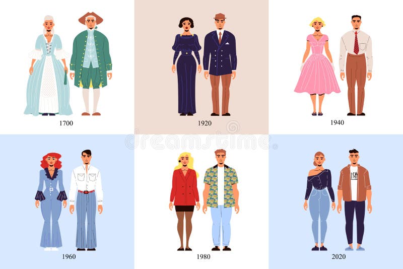 History of Fashion. Collection of Female Clothing by Decades. Bundle of ...