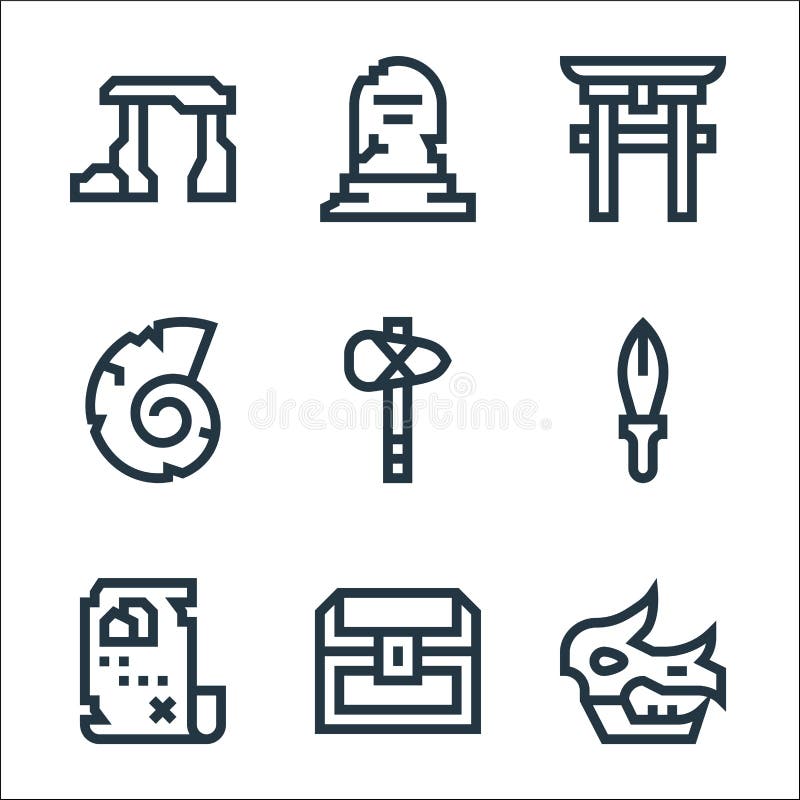 History line icons. linear set. quality vector line set such as fossil, treasure chest, treasure map, dagger, hammer, shell, torii stock illustration