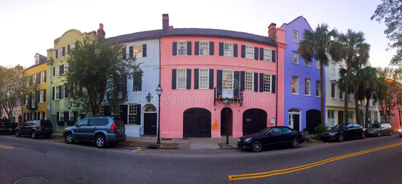 Colorful historic homes line East Bay Street in Charleston, SC, known as Rainbow Row. Colorful historic homes line East Bay Street in Charleston, SC, known as Rainbow Row.