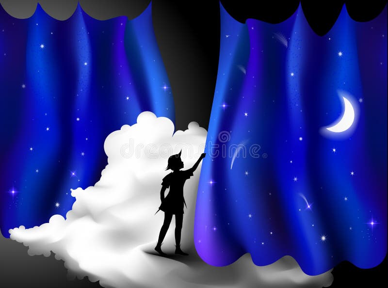 História de Peter Pan, menino que está na nuvem atrás da cortina azul da noite, noite feericamente, Peter Pan