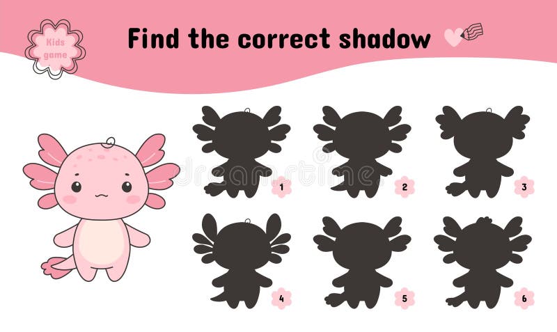 Hitta rätt axolotskugga. Barn som leker med mexikanskt rosa salamander. Utveckling av uppmärksamhet och uppvigling i vektor illustrationer