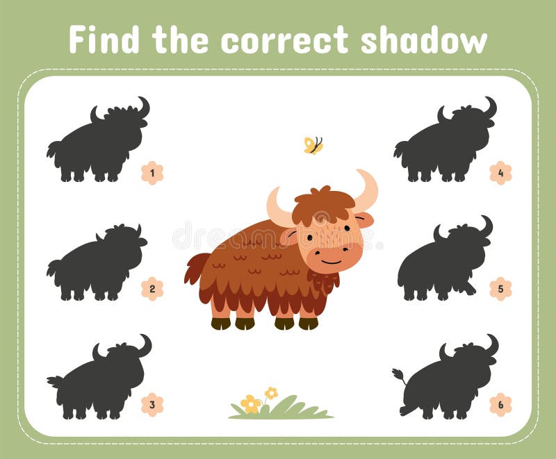 Hitta rätt skugga. Fina yaks shadows. Utveckla pedagogiskt spel för förskolebarn eller förskolebarn nuförtiden vektor royaltyfri illustrationer