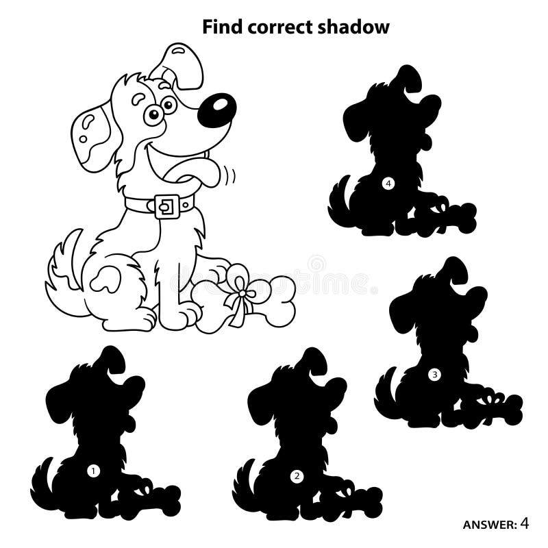 Hitta rätt skugga. puzzelspel för barn. Färgsida konturen på tecknad hund med ben. Färgbok för barn stock illustrationer