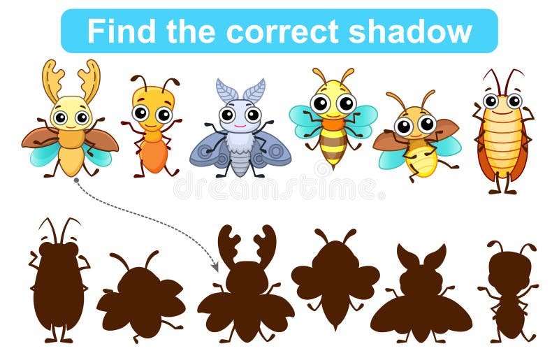 Hitta rätt skugga. Ungdomsvilt. uppsättning insekter för att hitta rätt skugga. enkel spelnivå för förskola vektor illustrationer