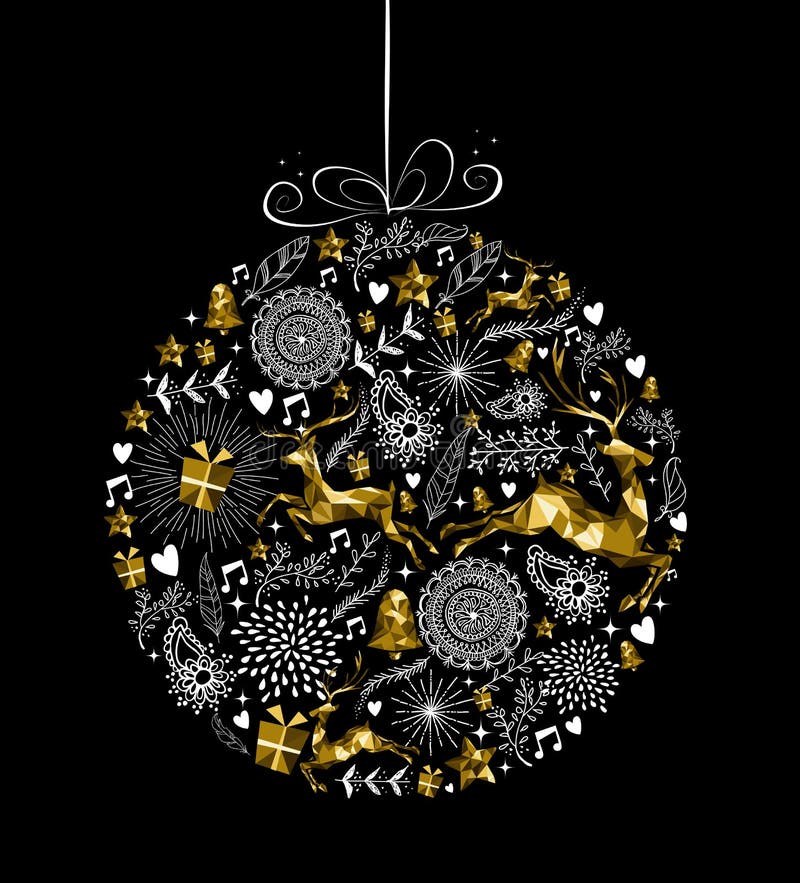 Hjortar för guld för boll för prydnad för nytt år för glad jul royaltyfri illustrationer