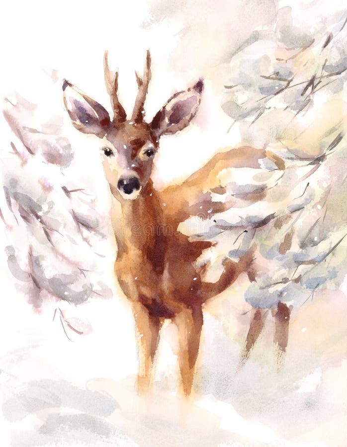 Hjortar som omges av den djura illustrationen för den snöig filialvattenfärgvintern, räcker målat royaltyfri illustrationer