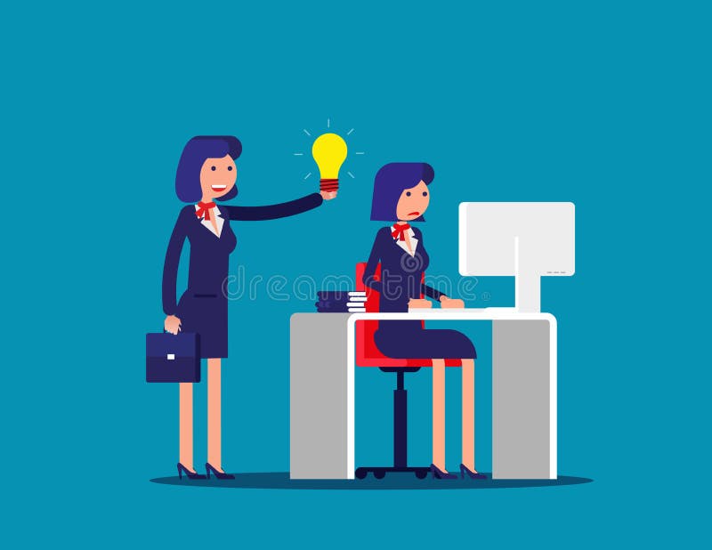 Hjälp med idén av en kollega Illustration för vektor för begreppsaffärskontor Plan tecknad film; affärstecken; designstil stock illustrationer Hjälp med idén av en kollega Illustration för vektor för begreppsaffärskontor Plan tecknad film; affärstecken; designstil stock illustrationer