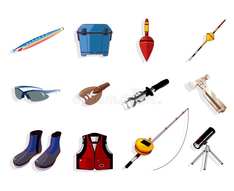 Hjälpmedel för symbol för tecknad filmutrustningfiske set royaltyfri illustrationer