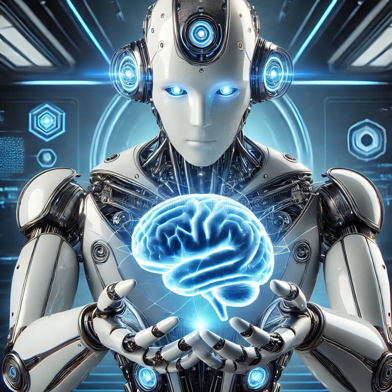 Hjärna i roboten med vita och blå färger royaltyfri foto