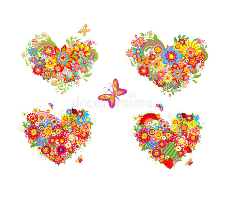 Hjärta formar med färgrika blommor och frukter stock illustrationer Hjärta formar med färgrika blommor och frukter stock illustrationer