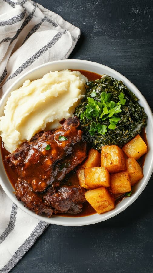 Hjärtat krossad köttgräddpotatis och kramad spenat serverad i en vit skål för komformerande måltid royaltyfri bild