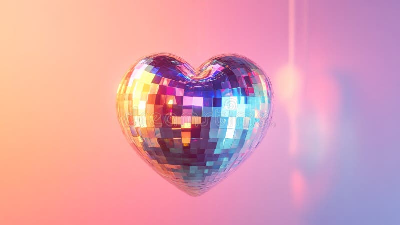 Hjärtformad discoball med färgfulla reflektioner som vibrerar 3d-rendering. retro-fest och kärlekskoncept vektor illustrationer