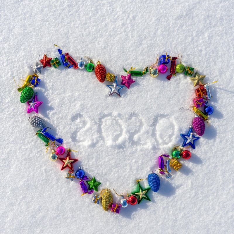Hjärtsymbol bestående av många färgstarka julklappar eller nya leksaker och text 2020 om vit färsk snö under soliga vinterdagar M royaltyfri foto Hjärtsymbol bestående av många färgstarka julklappar eller nya leksaker och text 2020 om vit färsk snö under soliga vinterdagar M royaltyfri foto