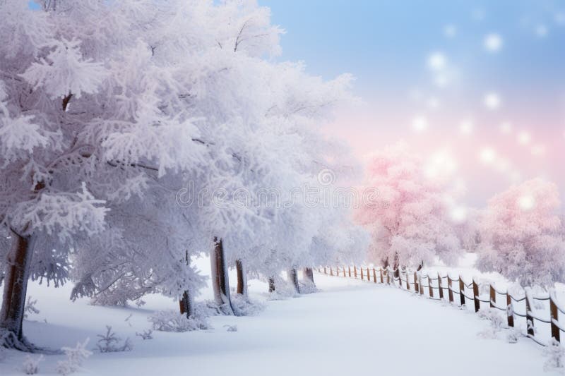 Hoarfrost blankets a serene winter scene with trees and a frosty fence vector illustration