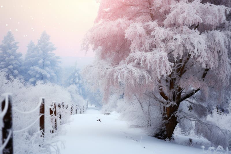 Hoarfrost blankets a serene winter scene with trees and a frosty fence stock illustration