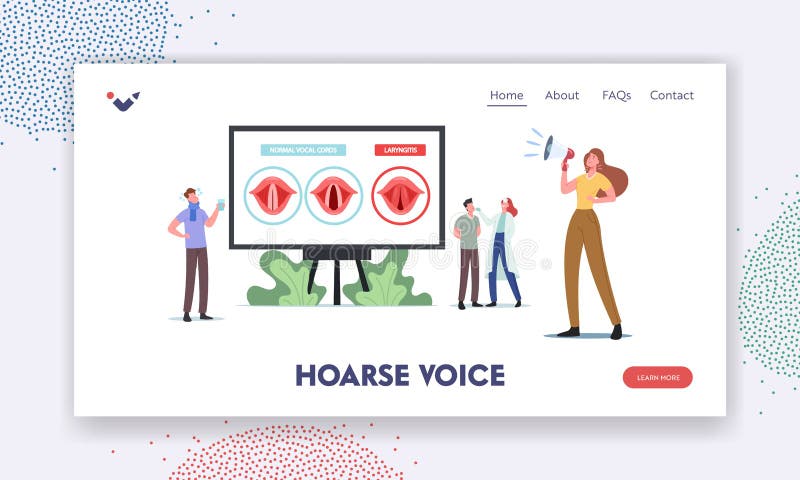 Hoarse Voice Landing Page Template. Tiny Doctor and Patient at Huge Infographics with Normal and Diseased Vocal Cords stock illustration