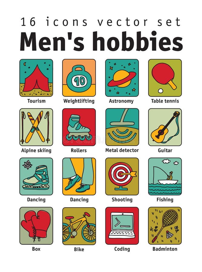 Hobbies men objects sport tourism coding color icons set