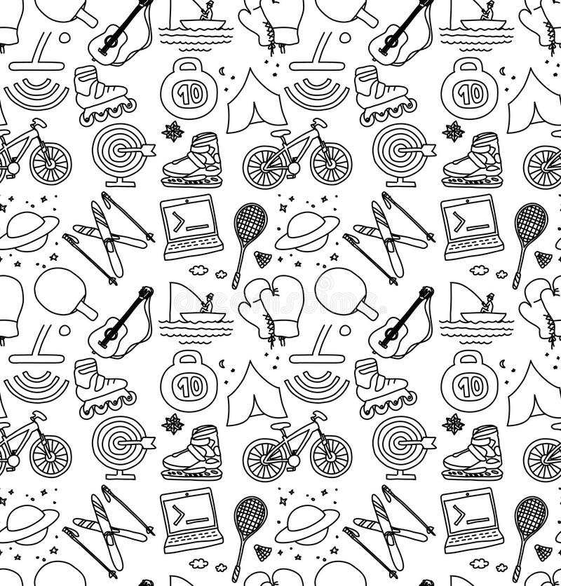 Hobbies men objects sport tourism coding monochrome seamless pattern