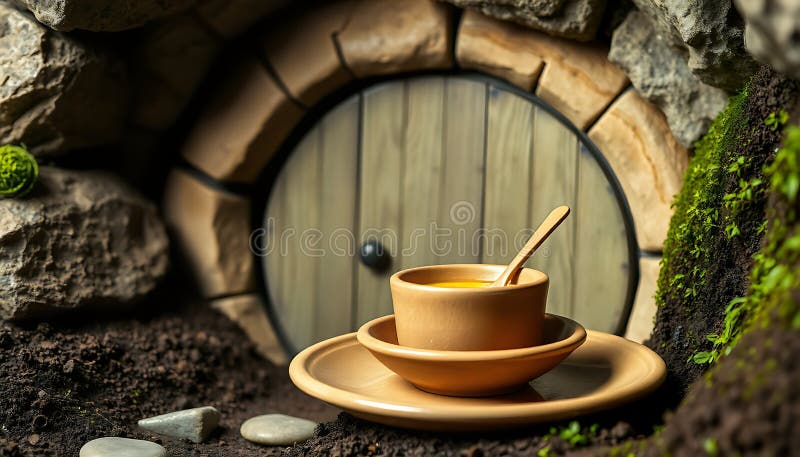 Hobbit πόρτα με φλιτζάνι καφέ φαντασίωση σκηνής και κρύα παραμυθένια όραση απεικόνιση αποθεμάτων