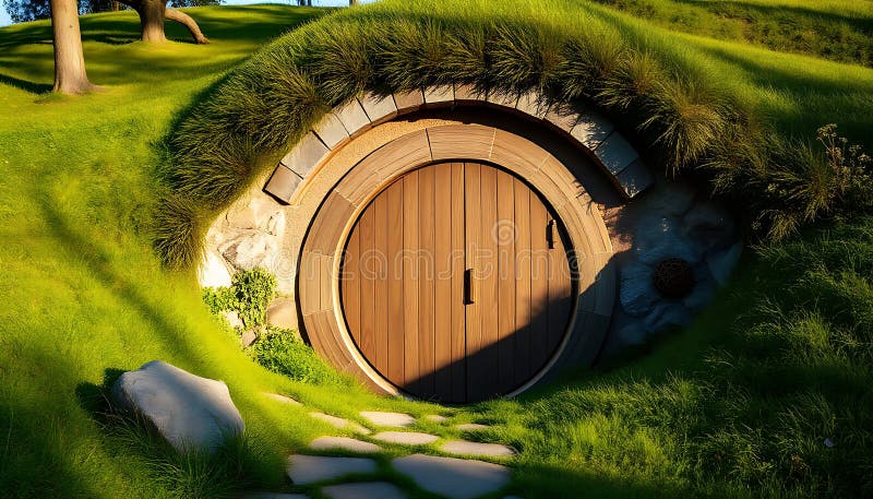 Hobbit πόρτα σε αρχιτεκτονική φαντασίας λόφου, θεατρικό παραμύθι Γεννητική AI διανυσματική απεικόνιση