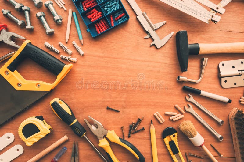Hobby handyman tools top view on workshop desk