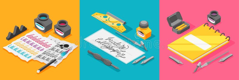 Hobby kalligrafia izometryczny zestaw trzech kwadratowych kompozycji z obrazami instrumentów do pisania i wektorem garnków royalty ilustracja