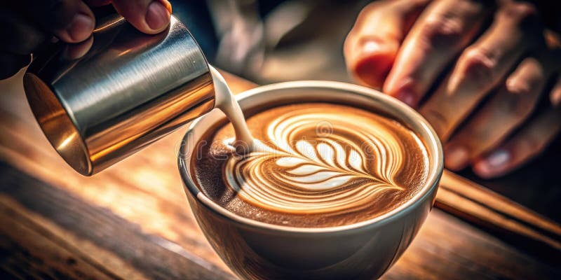 Hoch entwickelte Latte Art eine Nahe eines Baristas, der Milch in eine Tasse gießt und ein faszinierendes Design schafft. Generati stock abbildung
