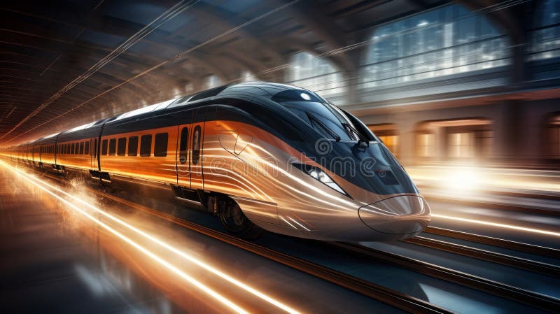 Hochgeschwindigkeitszug in Bewegung am Bahnhof bei Sonnenuntergang. Neuronale Netzai generiert lizenzfreies stockfoto