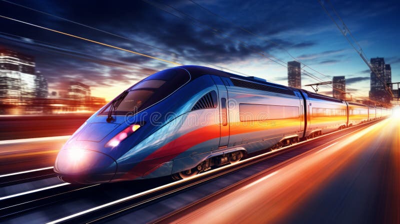 Hochgeschwindigkeitszug in Bewegung am Bahnhof bei Sonnenuntergang. Neuronale Netzai generiert stockfotos