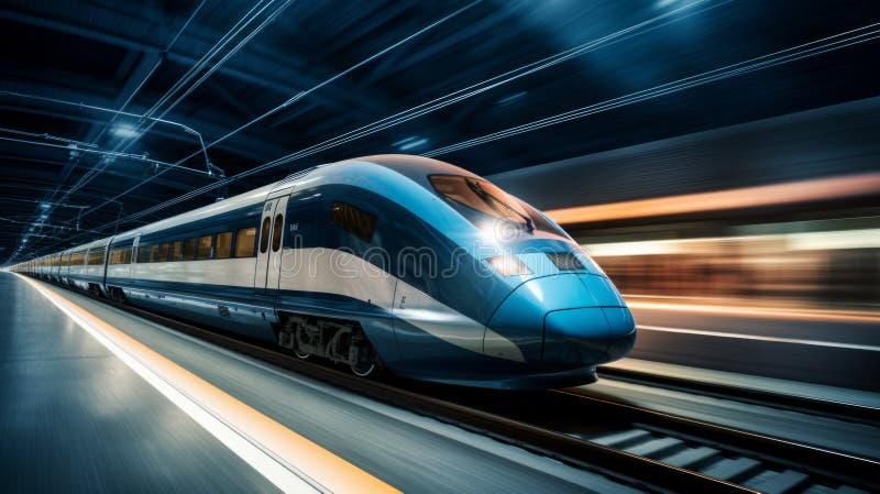 Hochgeschwindigkeitszug in Bewegung am Bahnhof bei Sonnenuntergang. Neuronale Netzai generiert lizenzfreie stockfotografie