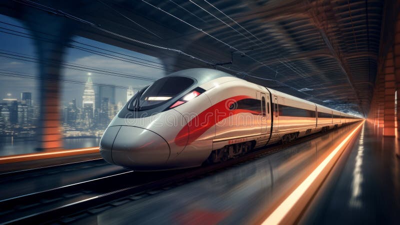Hochgeschwindigkeitszug in Bewegung am Bahnhof bei Sonnenuntergang. Neuronale Netzai generiert lizenzfreies stockfoto