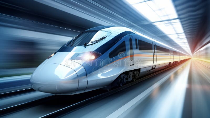 Hochgeschwindigkeitszug in Bewegung am Bahnhof bei Sonnenuntergang. Neuronale Netzai generiert lizenzfreies stockbild