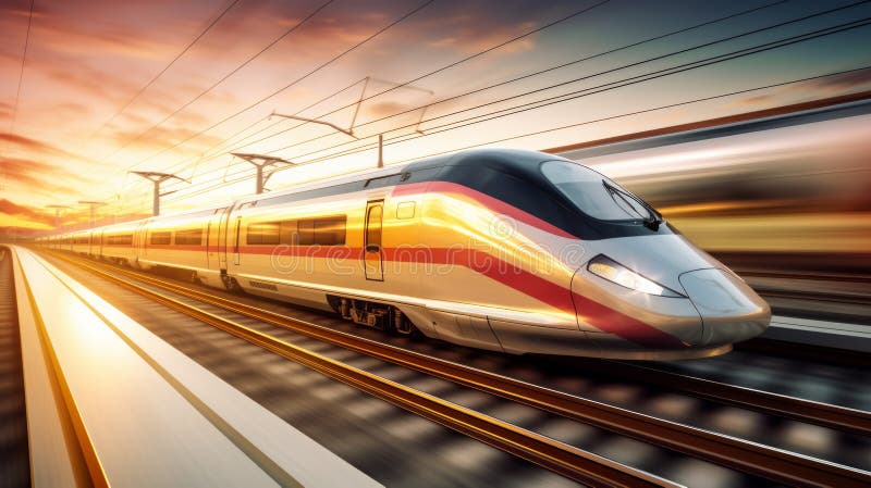 Hochgeschwindigkeitszug in Bewegung am Bahnhof bei Sonnenuntergang. Neuronale Netzai generiert lizenzfreie stockfotos