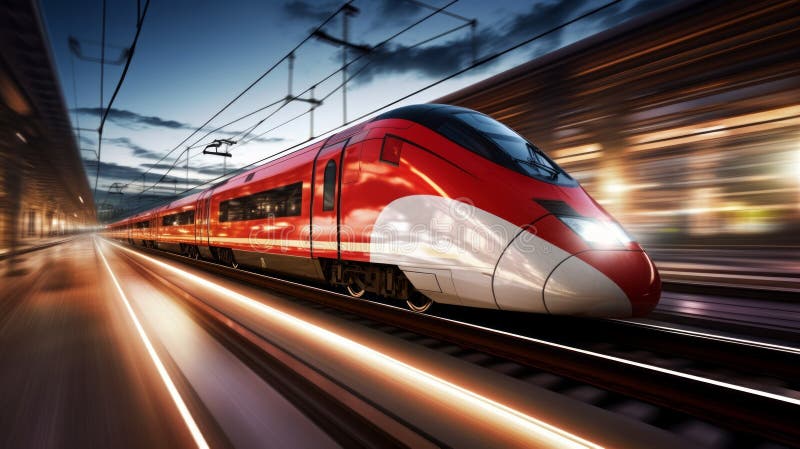 Hochgeschwindigkeitszug in Bewegung am Bahnhof bei Sonnenuntergang. Neuronale Netzai generiert stockfoto