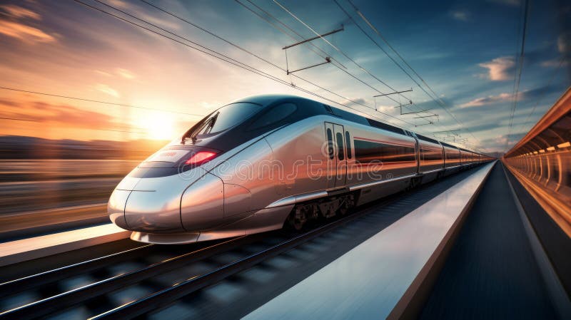 Hochgeschwindigkeitszug in Bewegung am Bahnhof bei Sonnenuntergang. Neuronale Netzai generiert stockfotos
