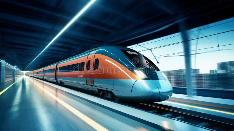 Hochgeschwindigkeitszug in Bewegung am Bahnhof bei Sonnenuntergang. Neuronale Netzai generiert stockbild